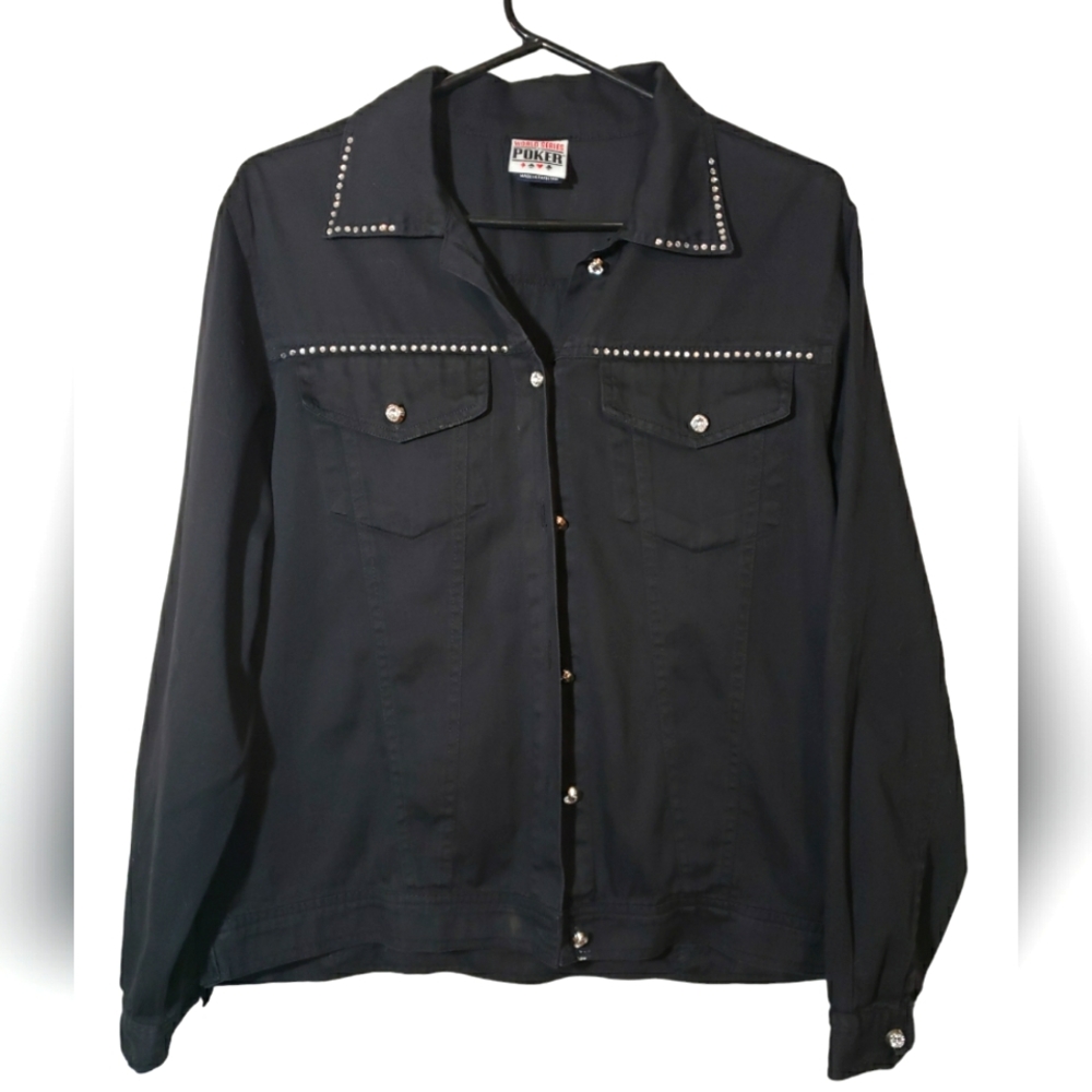 World Series Poker Black Denim Rhinestones Jacket Size Large